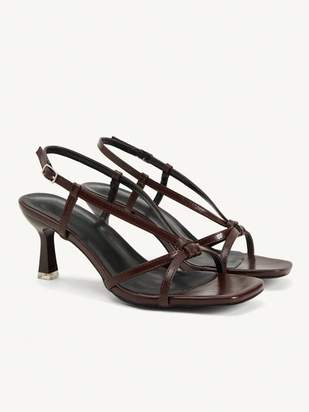 Brown Casual Women's Strap Open-Toed Square-Toe Stiletto Faux Leather Heels